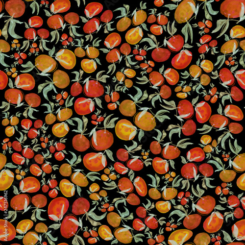 Seamless watercolor pattern with tangerines  hand-painted  fabric  textile.