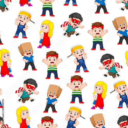 Seamless pattern with children posing like the super heroes