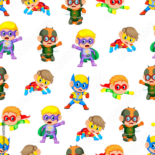 Seamless pattern with  cute children uses the super heroes costume