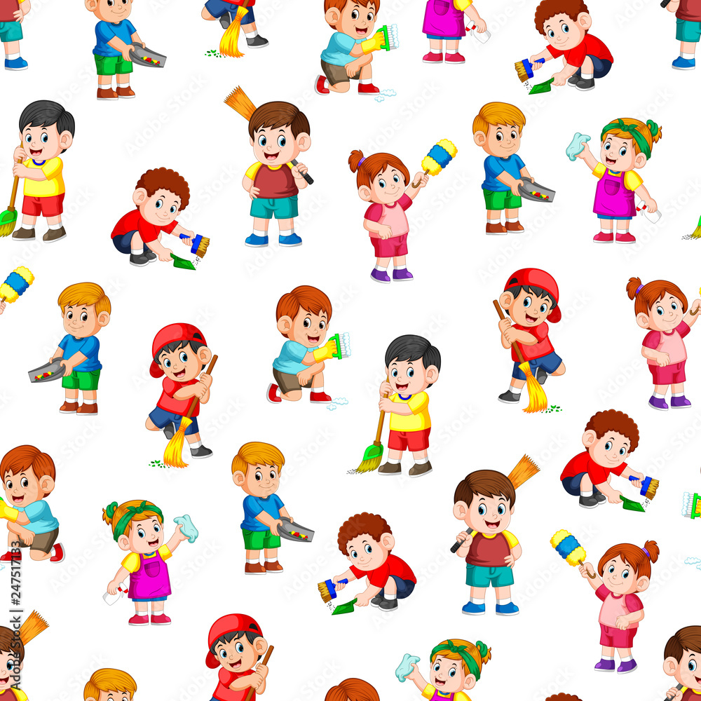 Seamless pattern with children holding the cleaning tools