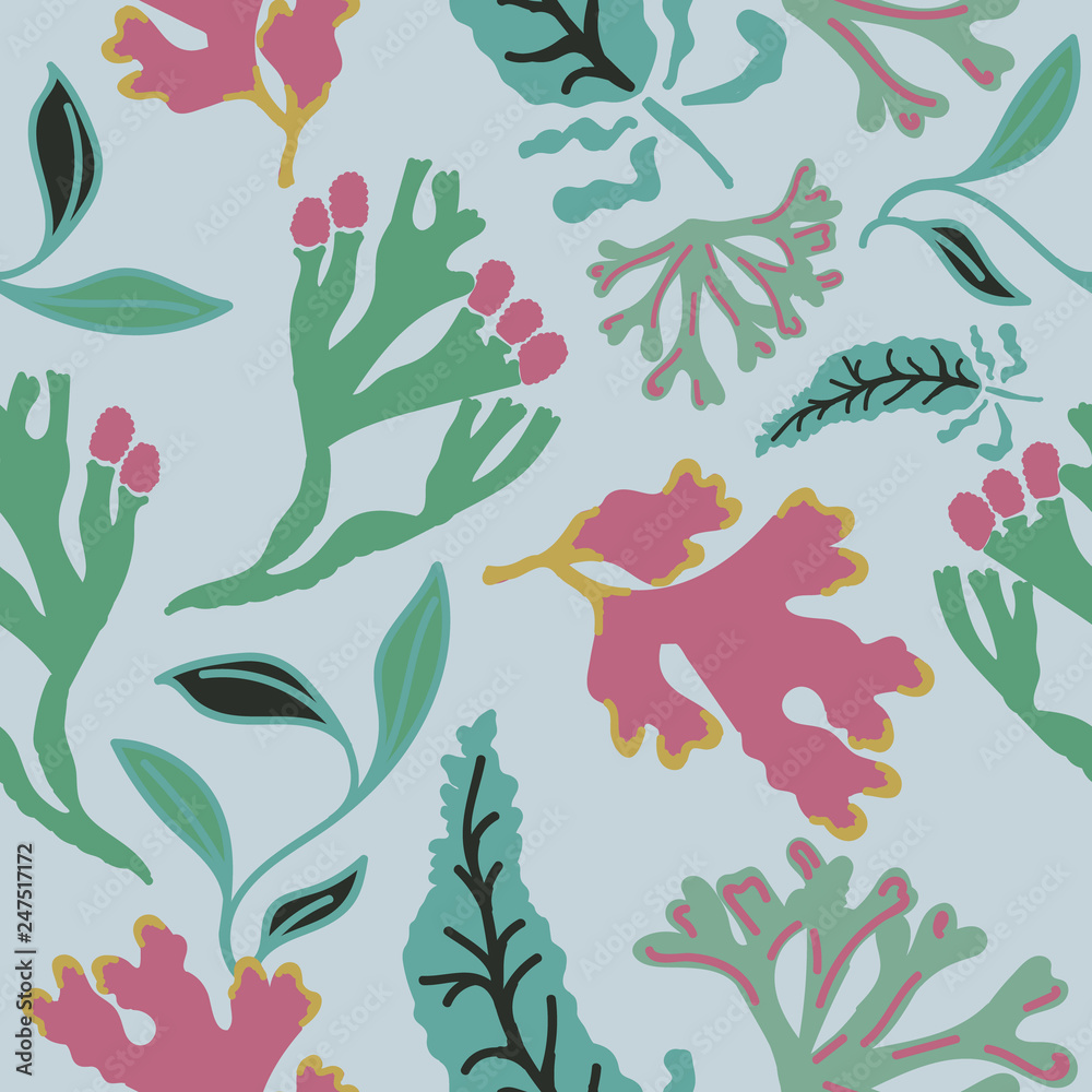 Seamless pattern with abstract seaweed. Hand drawn repeat background. Flat style illustration. Seamless pattern with abstract seaweed. Hand drawn repeat background. Flat style illustration.
