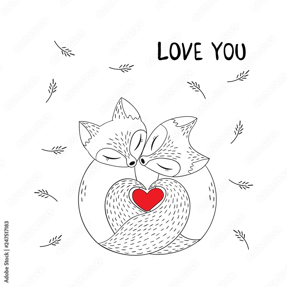 Cute couple of foxes in simple graphic style. Heart shape, composed of fox  tails. Lovers animals. Vector illustration with the words love you. Cartoon  poster, Valentine's day card. Stock Vector | Adobe