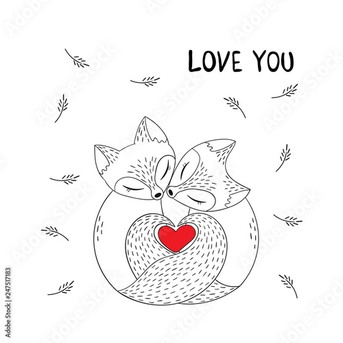 Cute couple of foxes in simple graphic style. Heart shape, composed of fox tails. Lovers animals. Vector illustration with the words love you. Cartoon poster, Valentine's day card.