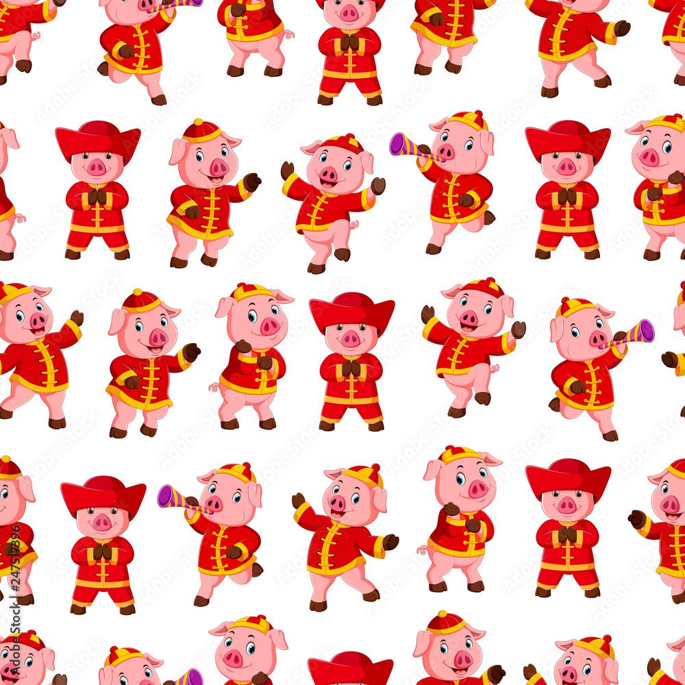 Seamless pattern with little pink pigs wearing chinese costume Seamless pattern with little pink pigs wearing chinese costume