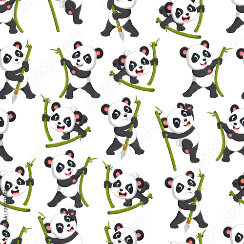 Fototapeta Naklejka Na Ścianę i Meble -  Seamless pattern with  panda playing with the green bamboo