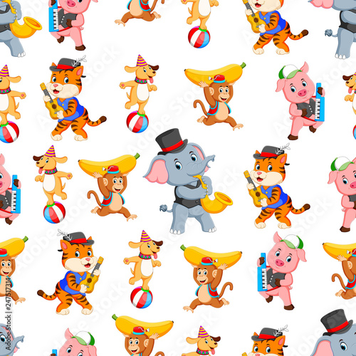 Seamless pattern with animal playing instrument music 