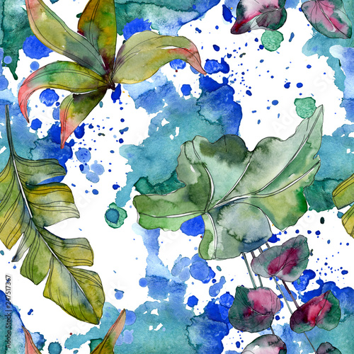 Green leaf. Exotic tropical hawaiian summer. Watercolor background illustrati...