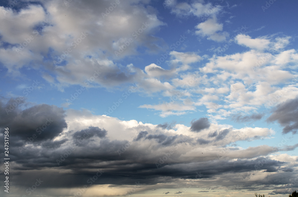 Cumulus clouds of fantastic shape soar in the sky in the sun's rays over the visible horizon line.