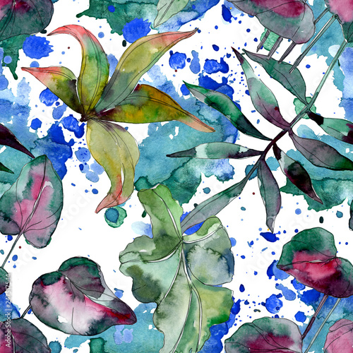 Green leaf. Exotic tropical hawaiian summer. Watercolor background illustrati...