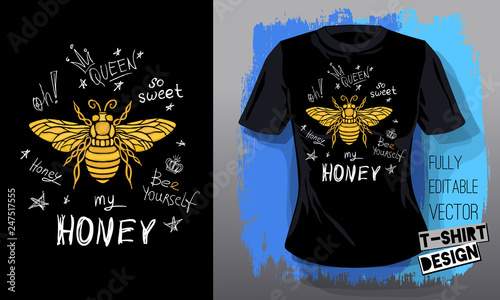 Honey bee golden embroidery queen crown textile fabrics t-shirt design lettering gold wings insect. Hand drawn vector honey bee luxury fashion embroidered style illustration