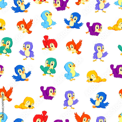 Seamless pattern with birds different color and activities