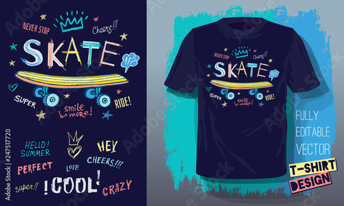 Rollers, girls, ride, skate board sketch style doodles cool lettering slogans for t-shirt design print posters hello summer. Hand drawn vector illustration.