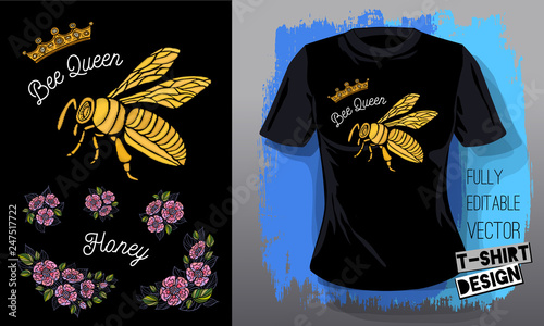 Honey bee golden embroidery queen crown textile fabrics t-shirt design lettering gold wings insect. Hand drawn vector honey bee luxury fashion embroidered style illustration