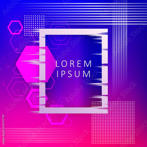 Geometric design in blue and pink with frame and silhouette of hexagons.