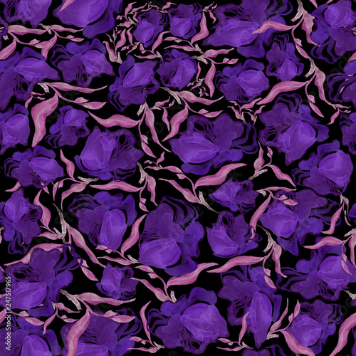 Purple Flowers and herbs seamless pattern on background. Colorful blossoms. Cartoon style. Wallpaper or fabric design
