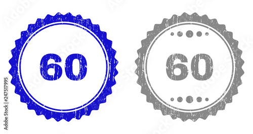60 stamp seals with distress texture in blue and gray colors isolated on white background. Vector rubber imprint of 60 caption inside round rosette. Stamp seals with corroded textures.