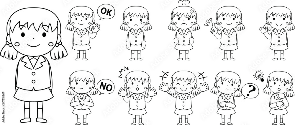 A cute pigtails female student expressing emotion outline set