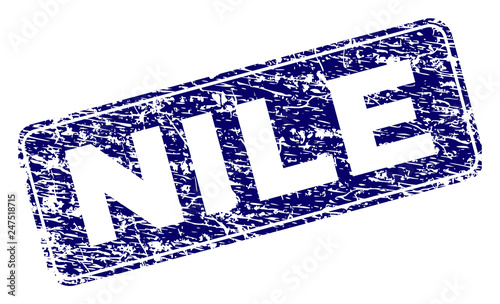 NILE stamp seal print with grunge texture. Seal shape is a rounded rectangle with frame. Blue vector rubber print of NILE text with unclean texture.