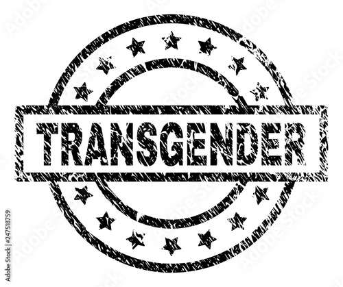 TRANSGENDER stamp seal watermark with distress style. Designed with rectangle, circles and stars. Black vector rubber print of TRANSGENDER tag with dirty texture.