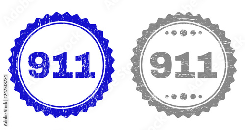 911 stamp seals with grunge texture in blue and gray colors isolated on white background. Vector rubber overlay of 911 label inside round rosette. Stamp seals with dust textures.