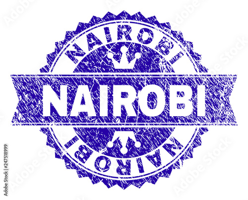 NAIROBI rosette seal watermark with distress effect. Designed with round rosette, ribbon and small crowns. Blue vector rubber watermark of NAIROBI label with unclean style.