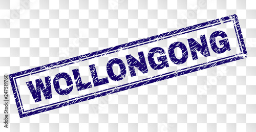 WOLLONGONG stamp seal print with rubber print style and double framed rectangle shape. Stamp is placed on a transparent background. Blue vector rubber print of WOLLONGONG caption with dust texture.