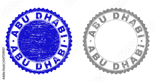 ABU DHABI stamp seals with distress texture in blue and grey colors isolated on white background. Vector rubber imprint of ABU DHABI tag inside round rosette. Stamp seals with corroded textures.