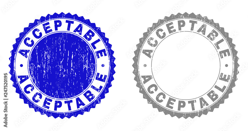 ACCEPTABLE stamp seals with grunge texture in blue and grey colors isolated on white background. Vector rubber watermark of ACCEPTABLE tag inside round rosette. Stamp seals with retro textures. ACCEPTABLE stamp seals with grunge texture in blue and grey colors isolated on white background. Vector rubber watermark of ACCEPTABLE tag inside round rosette. Stamp seals with retro textures.