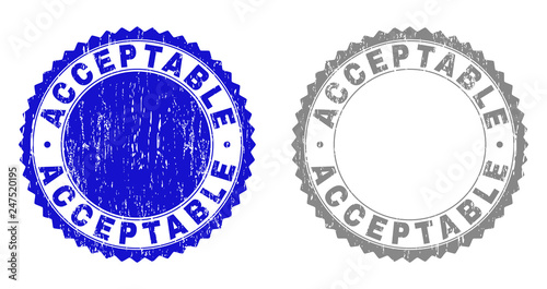 ACCEPTABLE stamp seals with grunge texture in blue and grey colors isolated on white background. Vector rubber watermark of ACCEPTABLE tag inside round rosette. Stamp seals with retro textures.