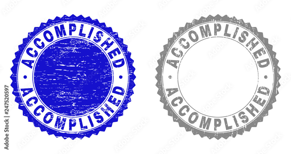 ACCOMPLISHED stamp seals with grunge texture in blue and gray colors isolated on white background. Vector rubber imprint of ACCOMPLISHED tag inside round rosette. Stamp seals with dirty textures.