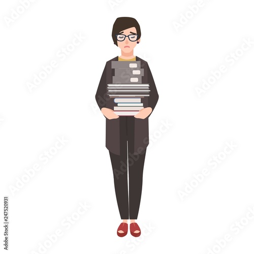 Unhappy female clerk, employee or businesswoman holding stack of folders and ...