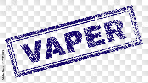 VAPER stamp seal print with rubber print style and double framed rectangle shape. Stamp is placed on a transparent background. Blue vector rubber print of VAPER caption with dust texture.