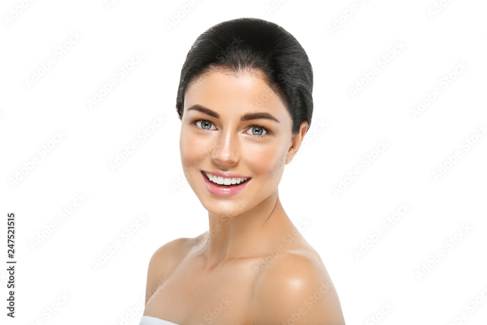 Healthy skin woman beauty cosmetic teeth smile natural makeup isolated on white Healthy skin woman beauty cosmetic teeth smile natural makeup isolated on white