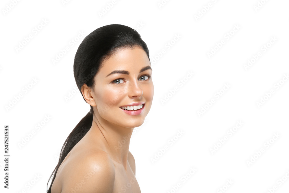 Healthy skin woman beauty cosmetic teeth smile natural makeup isolated on white