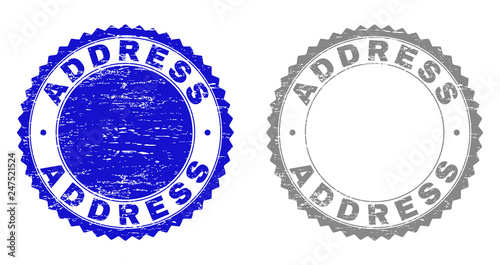 ADDRESS stamp seals with distress texture in blue and gray colors isolated on white background. Vector rubber imprint of ADDRESS tag inside round rosette. Stamp seals with dust styles.