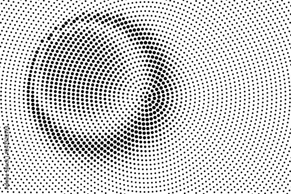 Black on white halftone vector texture. Digital optical illusion. Uneven dotwork gradient for vintage effect.