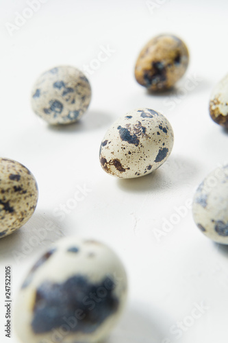 Quail egg. White background  side view  space for text