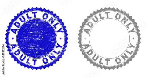 ADULT ONLY stamp seals with distress texture in blue and gray colors isolated on white background. Vector rubber imitation of ADULT ONLY caption inside round rosette. Stamp seals with retro styles.