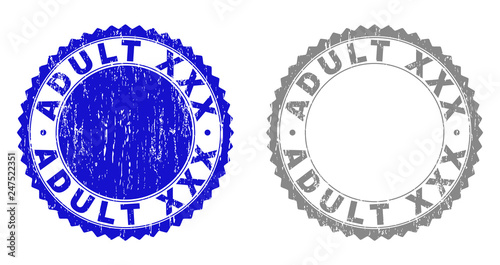 ADULT XXX stamp seals with distress texture in blue and grey colors isolated on white background. Vector rubber imitation of ADULT XXX text inside round rosette. Stamp seals with scratched styles.