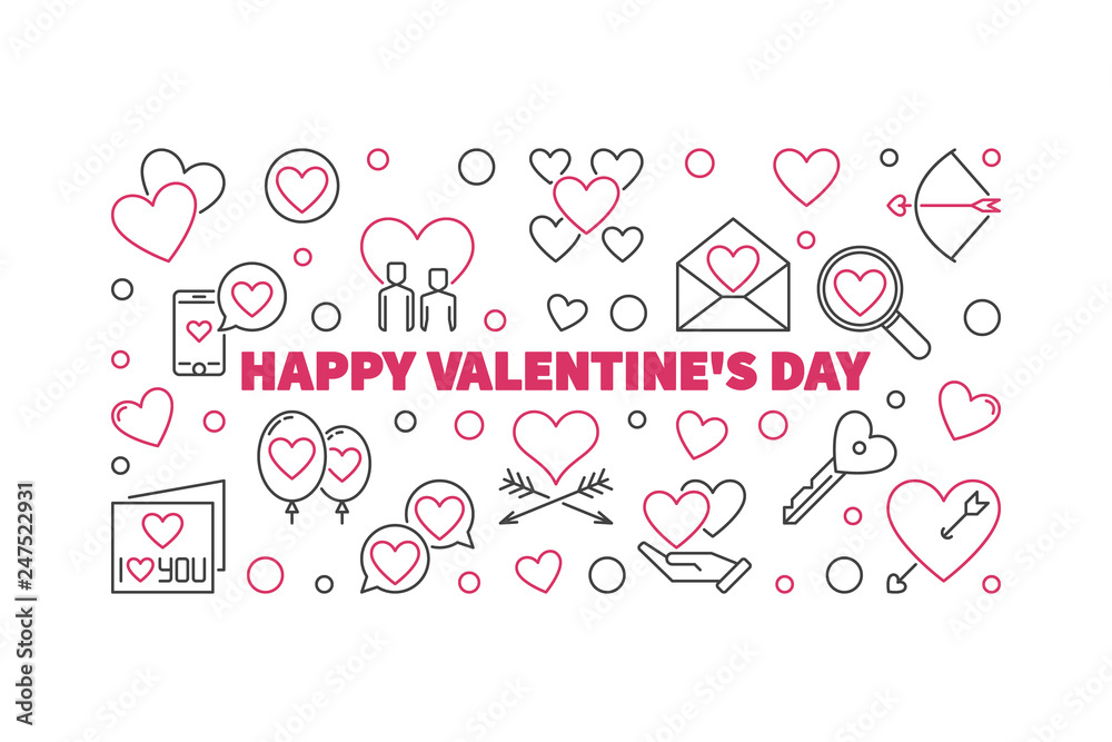 Happy Valentine's Day vector concept horizontal illustration in thin line style
