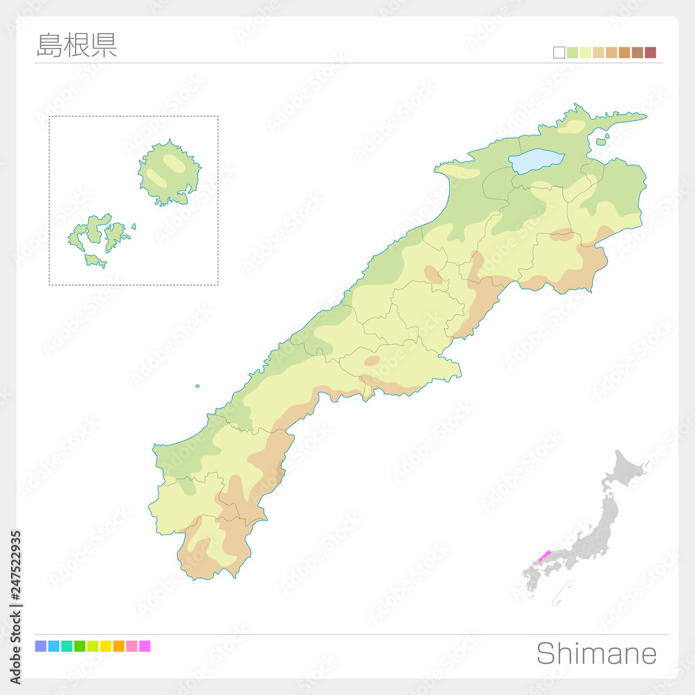 Obraz premium 島根県の地図（等高線・色分け）