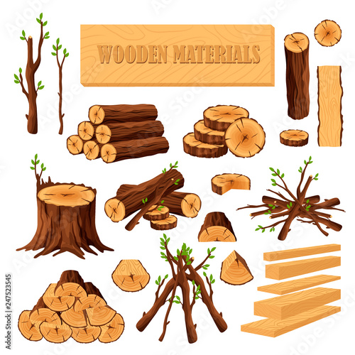 Set of firewood materials for lumber industry isolated on white background. Collection of wood logs stubs tree trunk branches boards. Stump and planks wooden in sawmill - flat vector illustration