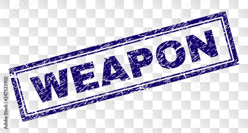 WEAPON stamp seal watermark with rubber print style and double framed rectangle shape. Stamp is placed on a transparent background. Blue vector rubber print of WEAPON text with unclean texture.