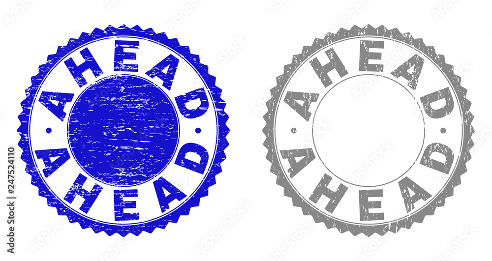 AHEAD stamp seals with grunge texture in blue and grey colors isolated on white background. Vector rubber imprint of AHEAD tag inside round rosette. Stamp seals with corroded styles. AHEAD stamp seals with grunge texture in blue and grey colors isolated on white background. Vector rubber imprint of AHEAD tag inside round rosette. Stamp seals with corroded styles.