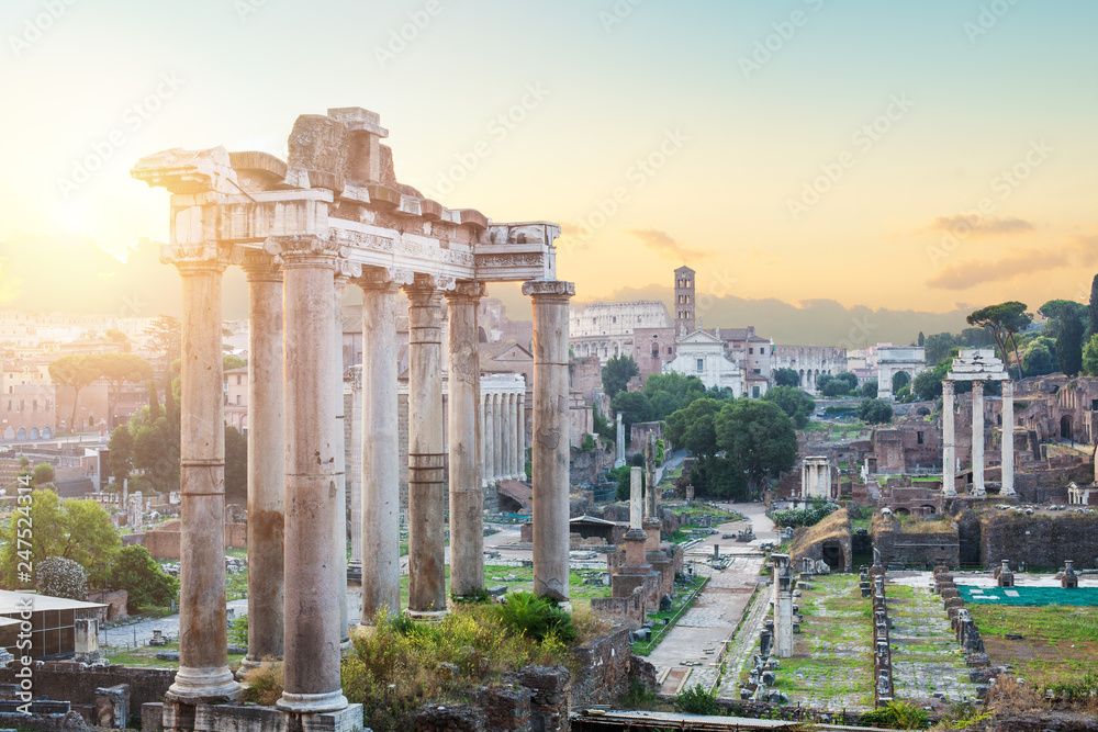 Temple of Saturn, Roman forum ethernal city architectural ruin. City center Rome, Italy