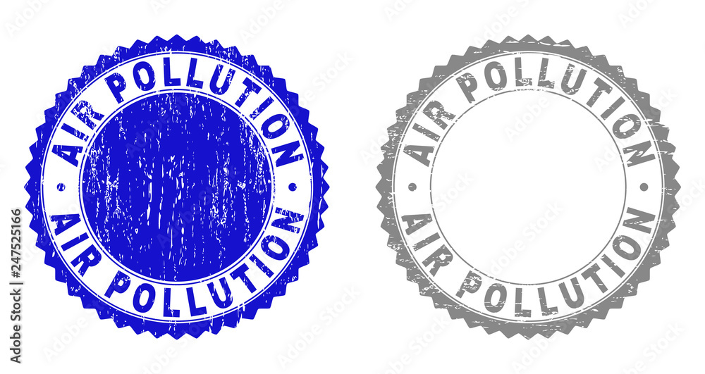 AIR POLLUTION stamp seals with distress texture in blue and gray colors isolated on white background. Vector rubber watermark of AIR POLLUTION text inside round rosette. AIR POLLUTION stamp seals with distress texture in blue and gray colors isolated on white background. Vector rubber watermark of AIR POLLUTION text inside round rosette.