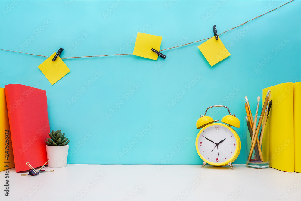 Styled Working Space with Gold Office Supplies and Color Sticky Note Stock  Image - Image of object, blank: 170551847