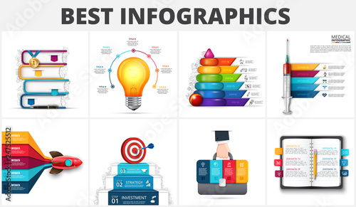 Realistic education, medicine, start up, business and creative infographics. Vector books, rocket, lightbulb, business target, syringe and other elements
