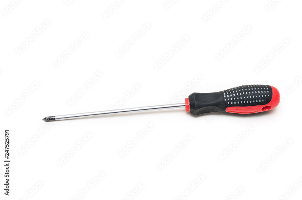 Shiny metal screwdriver for repair with a plastic black and red handle, the concept of manual labor and repair. Red screwdriver isolated on white background Shiny metal screwdriver for repair with a plastic black and red handle, the concept of manual labor and repair. Red screwdriver isolated on white background