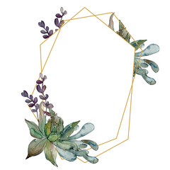 Jungle botanical succulent. Watercolor background illustration set. Frame border ornament square.
